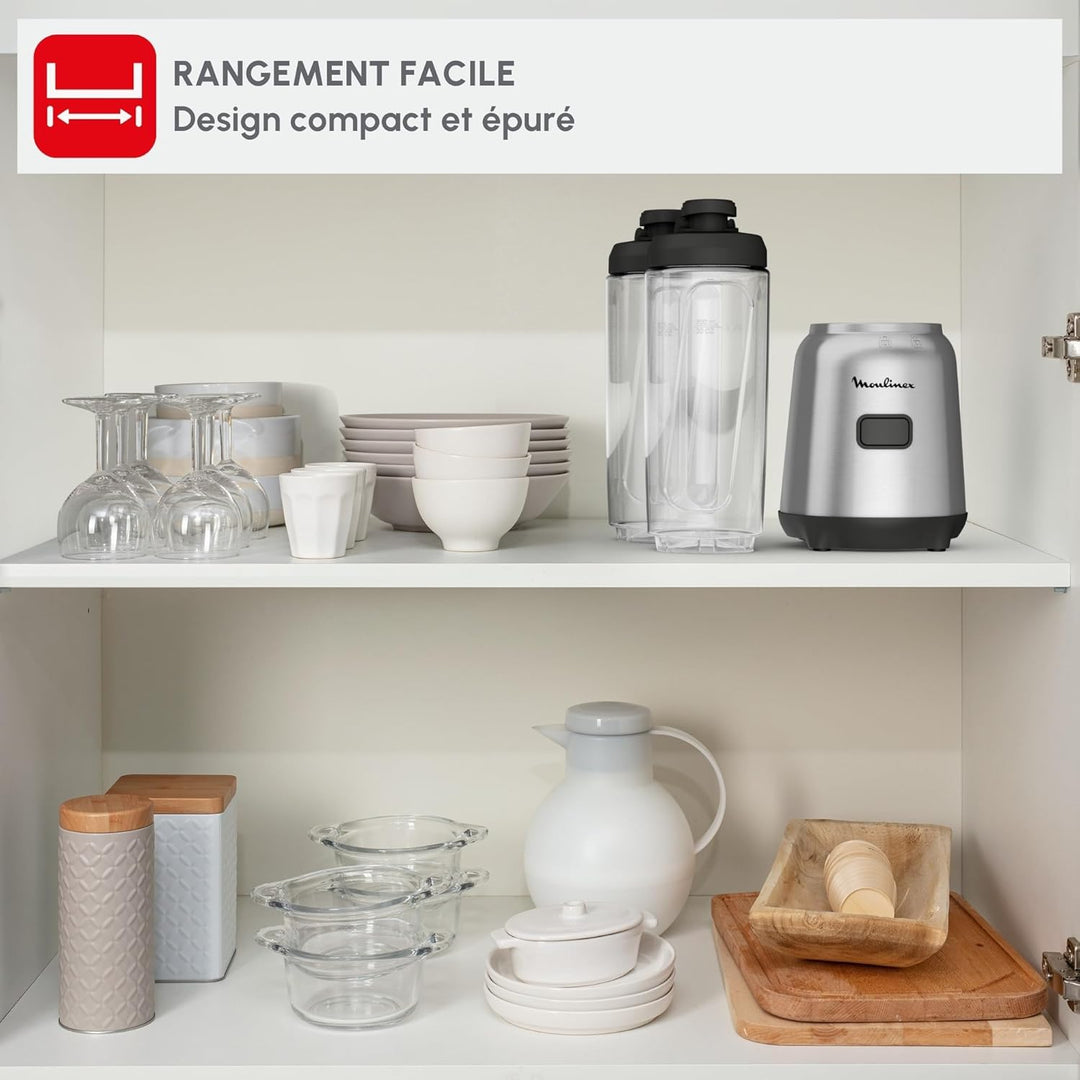 Moulinex Mix&Move Standmixer 2 Flaschen to go Tritan, kompaktes Design, herausnehmbarer Mixer, Einze