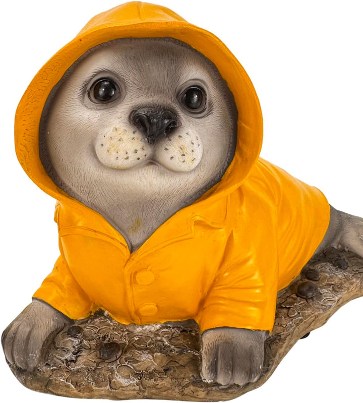 Gartenfigur für draussen, Teichdeko - Seehund, Robbe im Regenmantel, wetterfest - Deko Figur 21,5 cm