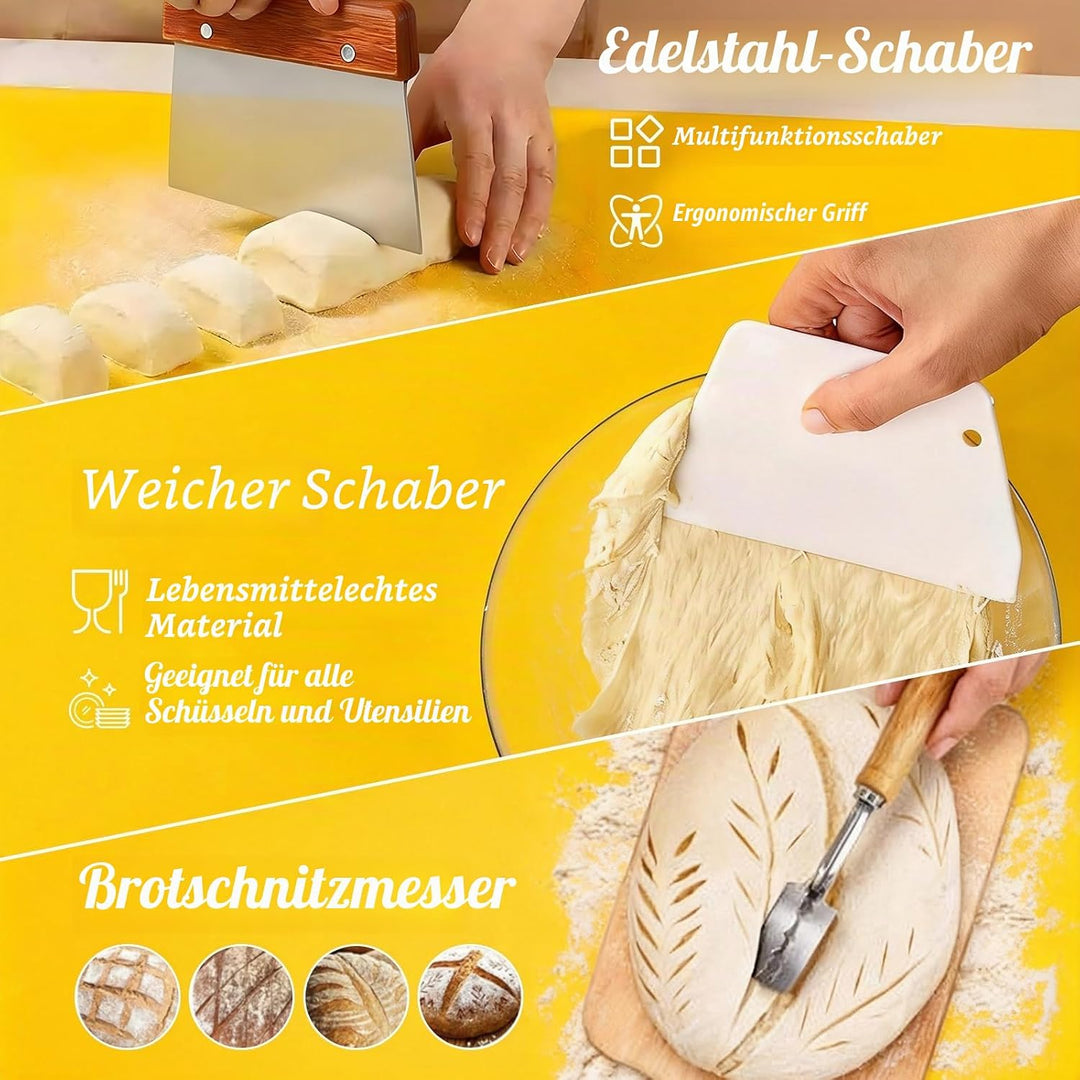 dellyy Brotbackset mit Gärkorb, 10 Teileset Brot Backen Starterset, Naturrattan-Geflecht, Inklusive