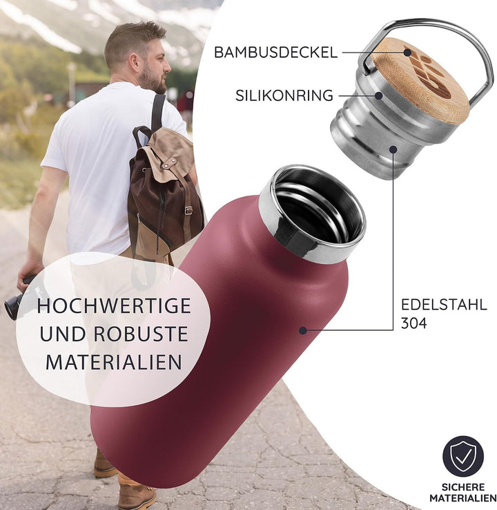 Bambaw Thermosflasche 500ml, Trinkflasche Rot, Edelstahl Trinkflasche, Flasche 500ml, Fahrrad Thermo