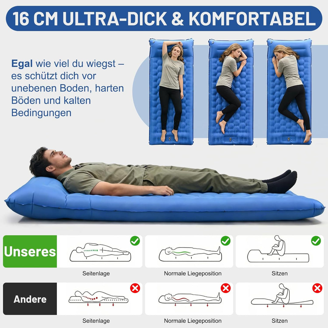 NAPASA Isomatte Camping, 16CM Verdicktes Aufblasbare Matratze mit Eingebauter Fusspresse Pumpe & Kis