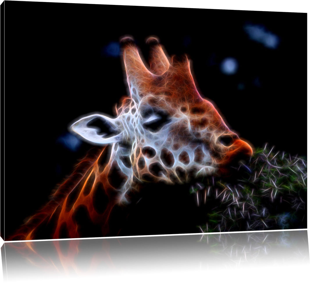 Dark schöne Giraffe beim Fressen Spezial Format: 100x70 cm auf Leinwand, XXL riesige Bilder fertig g