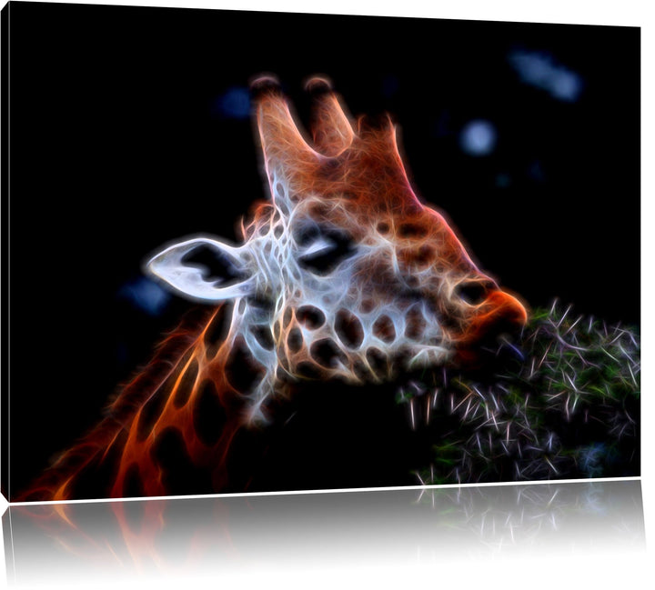 Dark schöne Giraffe beim Fressen Spezial Format: 100x70 cm auf Leinwand, XXL riesige Bilder fertig g