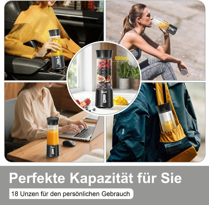 Mulli Tragbarer Mixer mit Reisedeckel – 500ml USB-wiederaufladbarer persönlicher Smoothie- und Prote