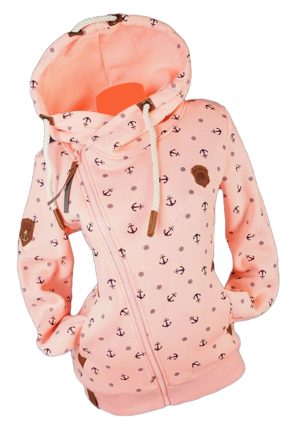 VIN TE Damen Sweat Jacke XXL Kapuze Hoodie Übergangsjacke Fleece gefüttert schräger Reissverschluss