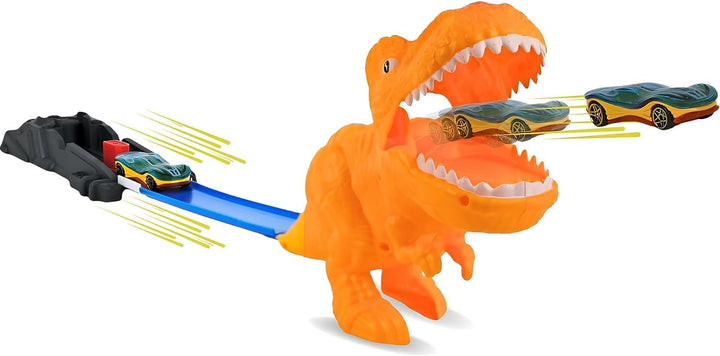 Dinosaurier-Bahn Tyrannosaurus T-Rex mit Launcher und Auto aus Metall Rennbahn Autos Todessprung Fle