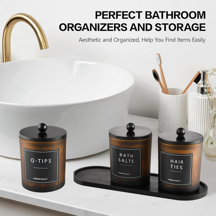 Glas Wattestäbchen Behälter, Schminktisch Badezimmer Organizer Set mit Tablett, Wattepadspender Make