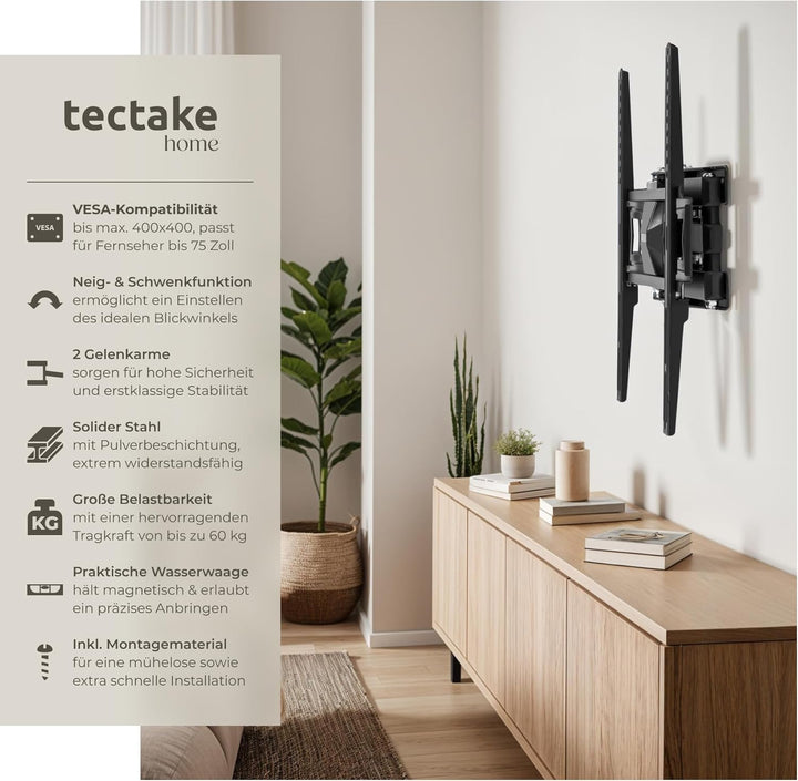tectake® TV Wandhalterung schwenkbar, Fernseher Halterung neigbar, Monitor Halterung, Bildschirmhalt
