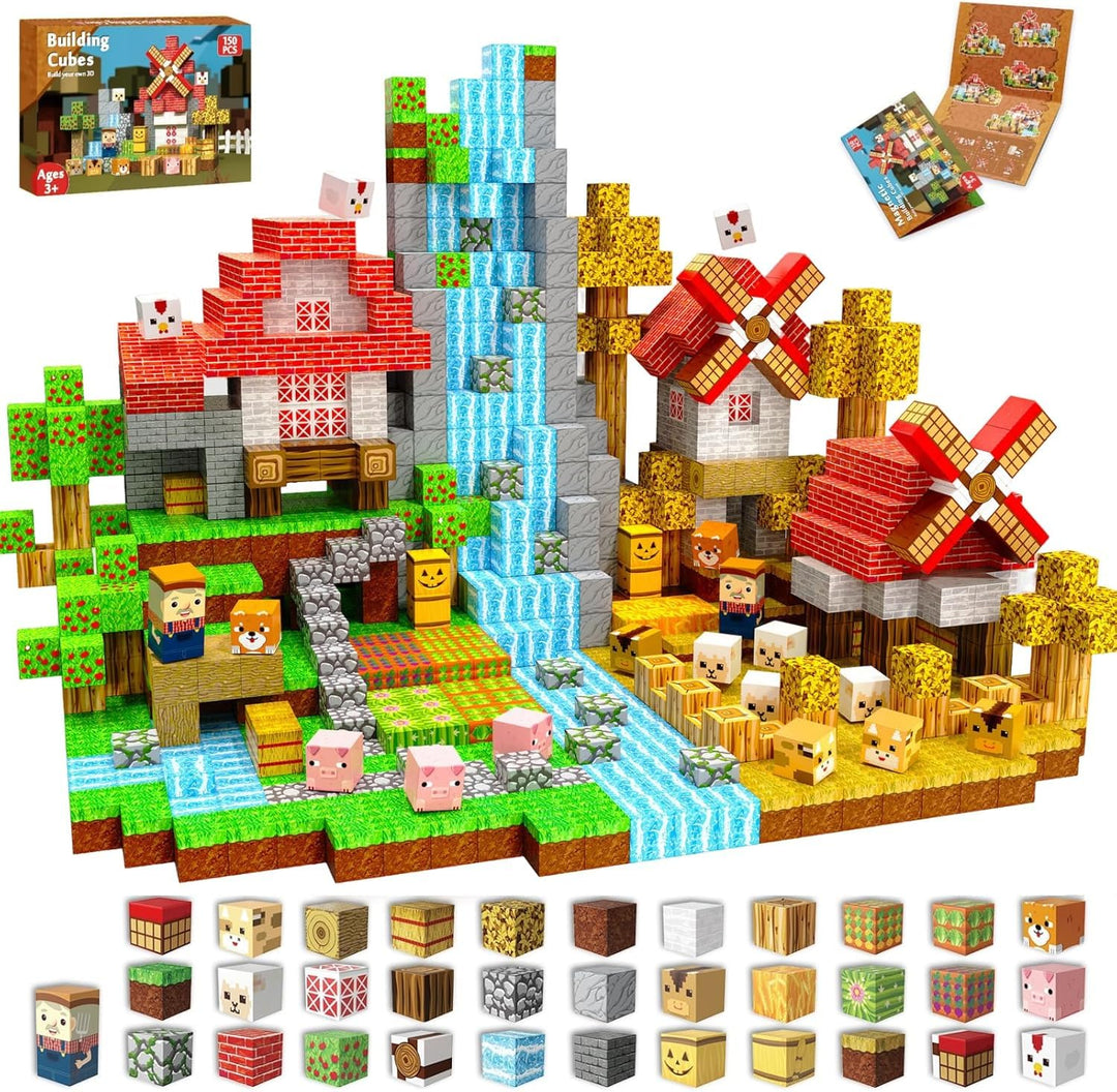 Magnetische Bausteine 150 Stück Magnetic Blocks mit Windmühle Tiere-Figuren für Rollenspiele Montess
