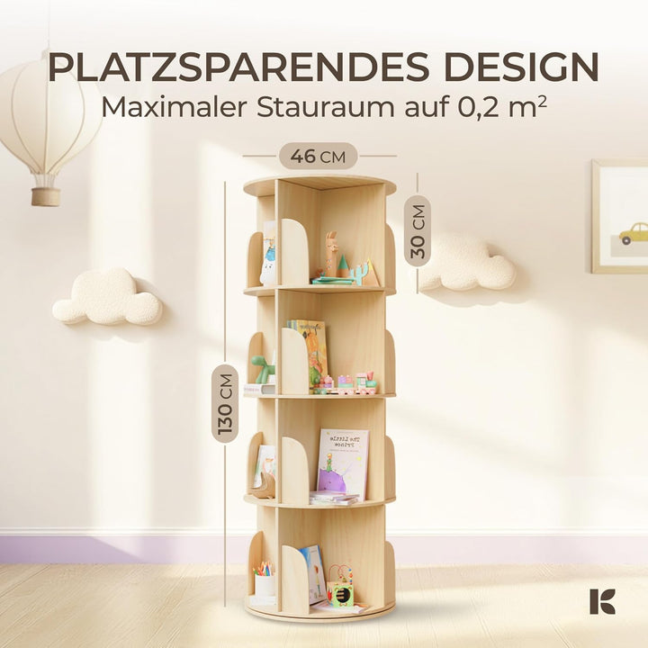 360° Drehbares Bücherregal Kinder - Buchenholz Bücherregal Drehbar Kinder mit 4 verstellbaren Ebenen