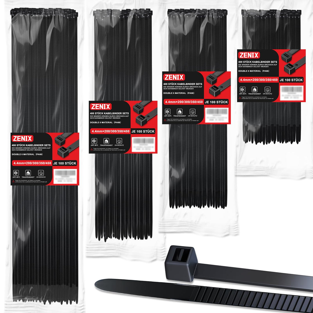 ZENIX Profi-Kabelbinder Set 400 Stück 200/300/350/450mm (je 100 Stück)| UV-beständig bis +85°C | 28k