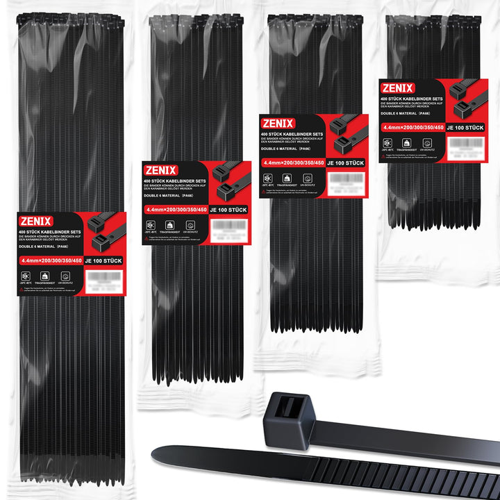 ZENIX Profi-Kabelbinder Set 400 Stück 200/300/350/450mm (je 100 Stück)| UV-beständig bis +85°C | 28k