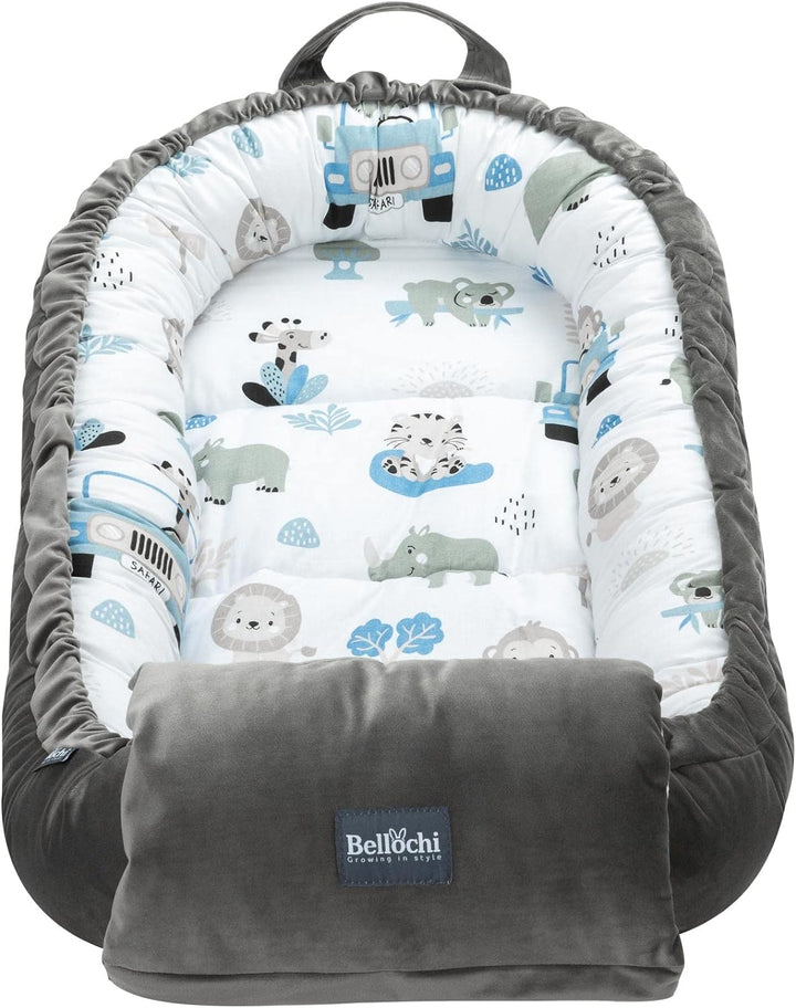 Bellochi Babynest mit Arm Kissen - Babynestchen Neugeborene - Baumwolle und Samt - Safari
