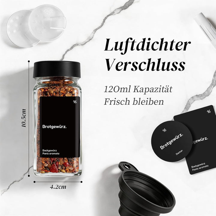 24er Set Gewürzgläser mit Streueinsatz - 120ml Eckig Gewürzdosen Glas mit Deckel Schwarz - Inkl. 342