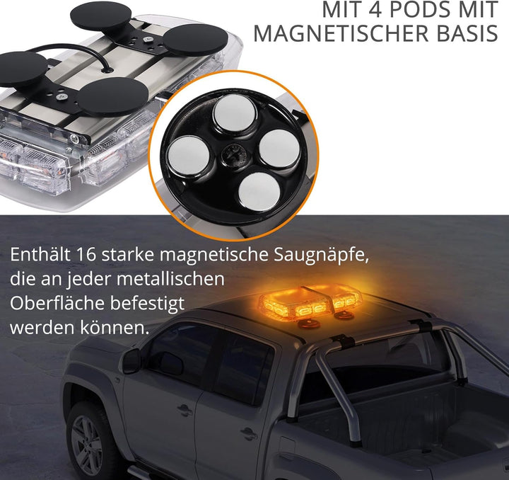 Justech 72 LED Rundumleuchte 7 Modi 12/24V Blitzleuchte Schraube Starker Magnet Amber Warnleuchte No