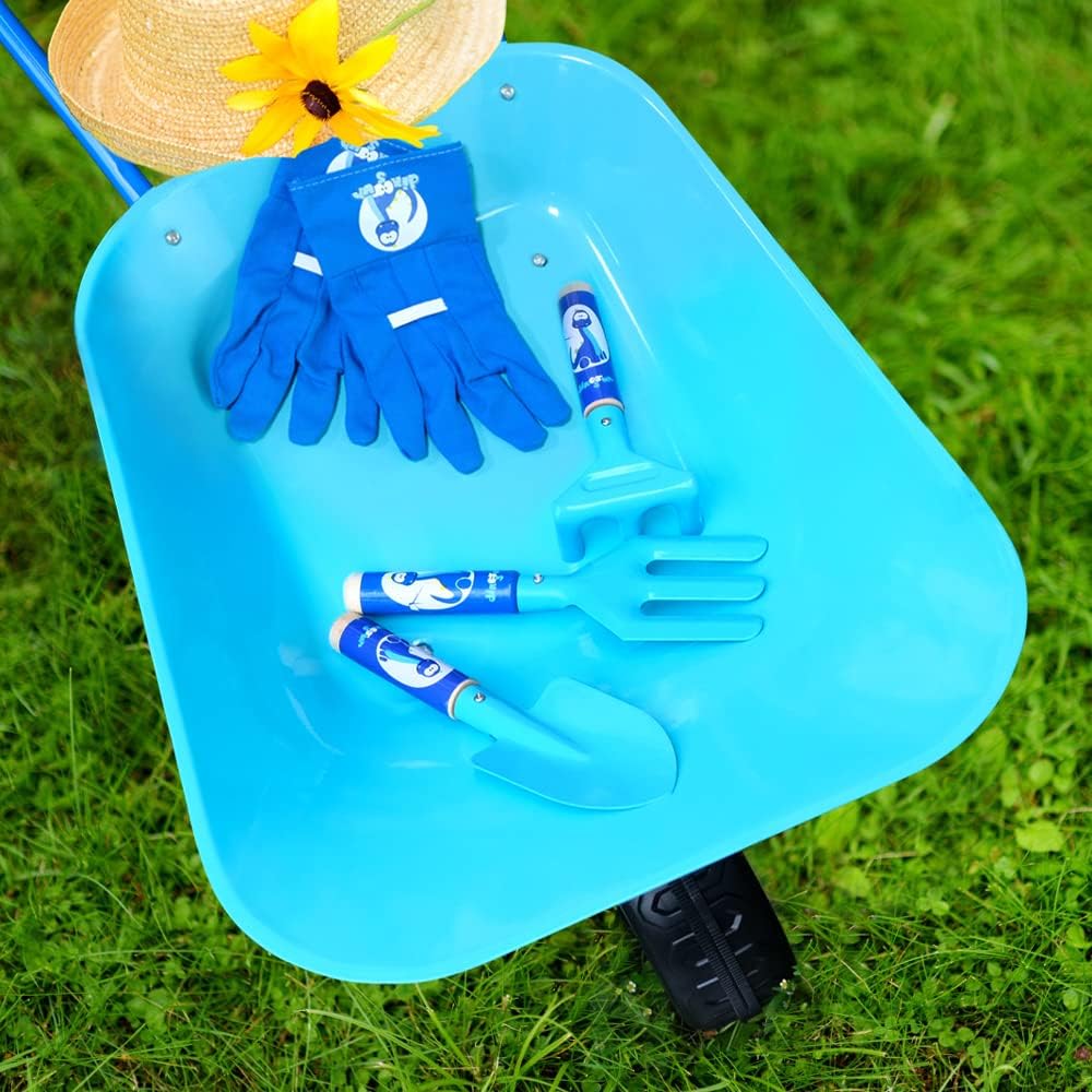 Colwelt Kinder Schubkarre Set Metall, 5-teilig, Metall Kinderschubkarre für den Garten mit Schaufel,