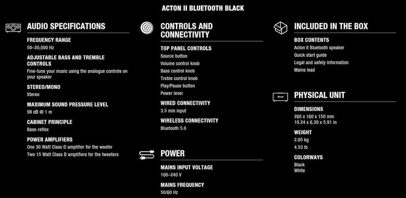 Marshall Acton II Bluetooth Lautsprecher, Kabelloser - Schwarz Schwarz Heimlautsprecher Acton II, Sc