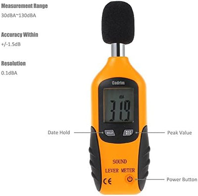 Cadrim Digital Schallpegelmessgerät, Tragbare Schallpegelmesser 30dB bis130dB Dezibel Messgerät mit