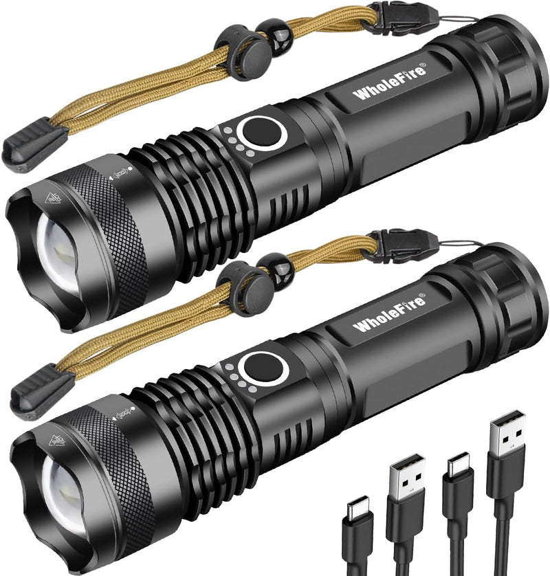 LED Taschenlampe Wiederaufladbare USB 2 Stück, Extrem Hell 90000 Lumens XHP70.2 Zoombar Wasserdicht