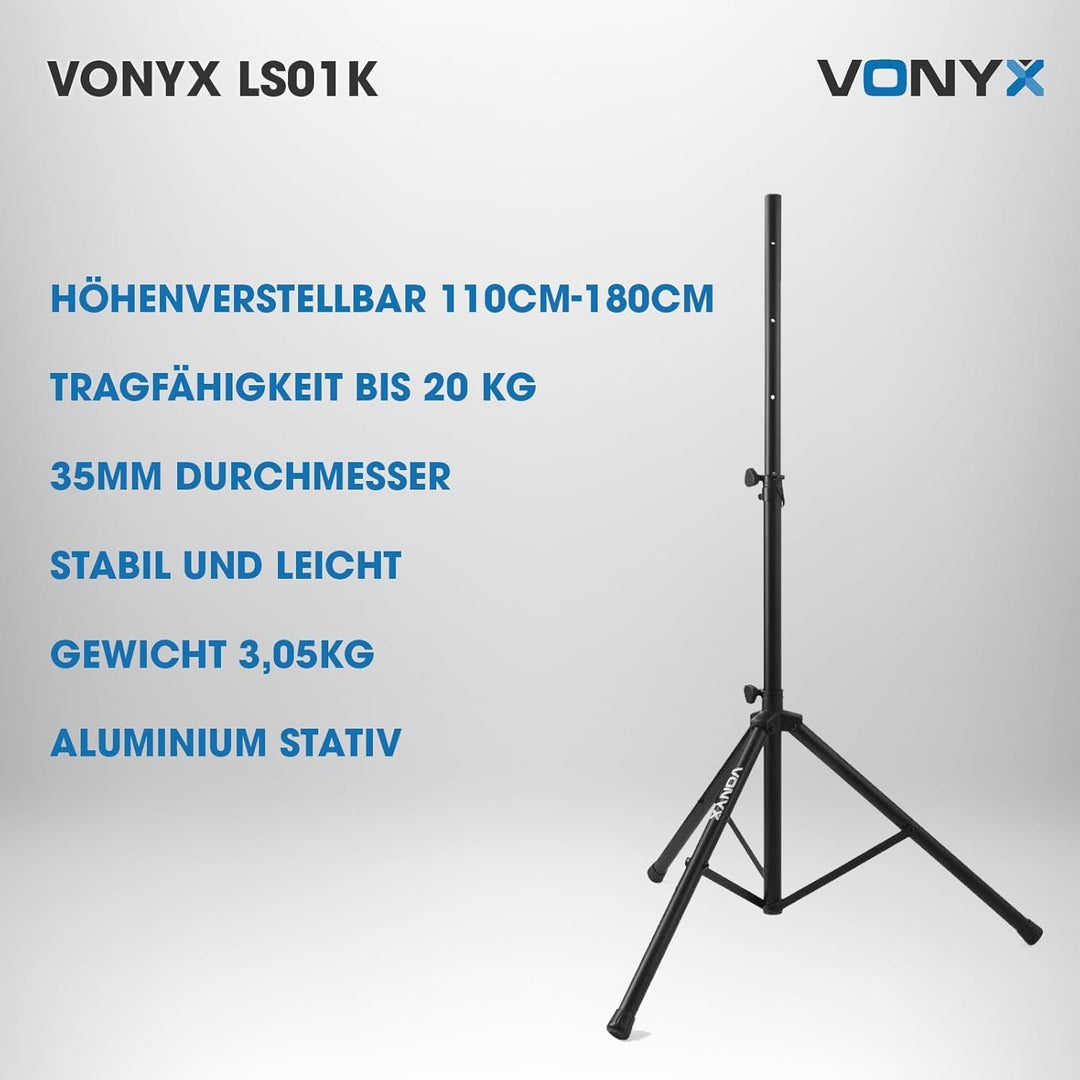Vonyx LS01K Lautsprecherständer, höhenverstellbar 110cm-180cm, Universal Boxenständer, Speaker Stand