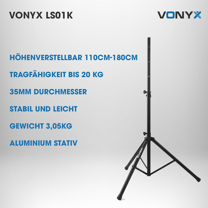 Vonyx LS01K Lautsprecherständer, höhenverstellbar 110cm-180cm, Universal Boxenständer, Speaker Stand