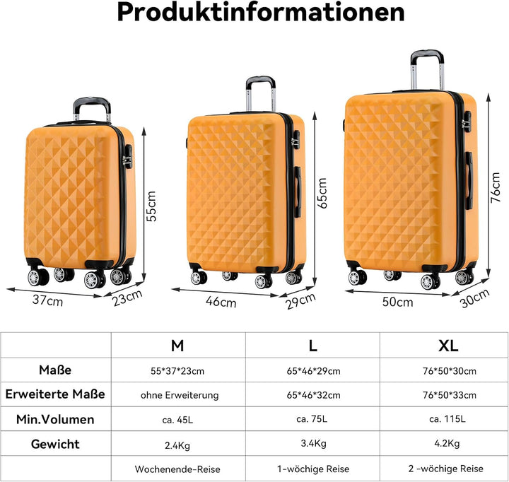 BEIBYE Zwillingsrollen 2066 Hartschale Trolley Koffer Reisekoffer Gepäck M-L-XL-Set (Orangen, L) Ora