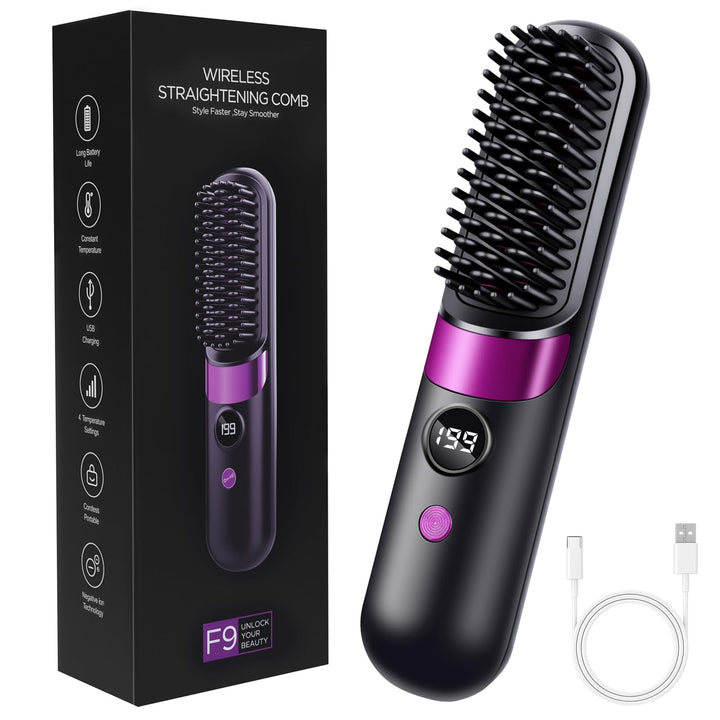 LOPHE Glättbürste, 2 in 1 Haarglätter Bürste mit LED Display, Hair Straightener Kabellos und Verbrüh