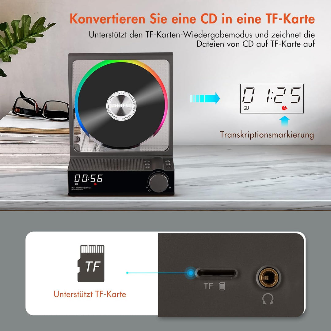 HOTT CD-Player Tragbar mit Fernbedienung, Bluetooth 5.3 Desktop CD Player mit RGB-Lichtern, Tragbare