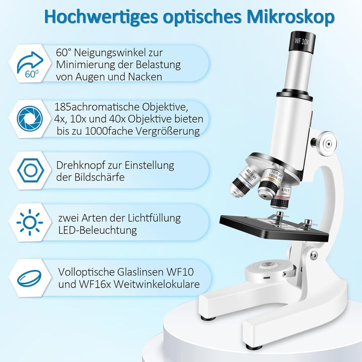 Mikroskop für Kinder, 40 x 2000 x Verbundmikroskop, Handyadapter mit Mikroskop, Gleitmikroskop-Set f