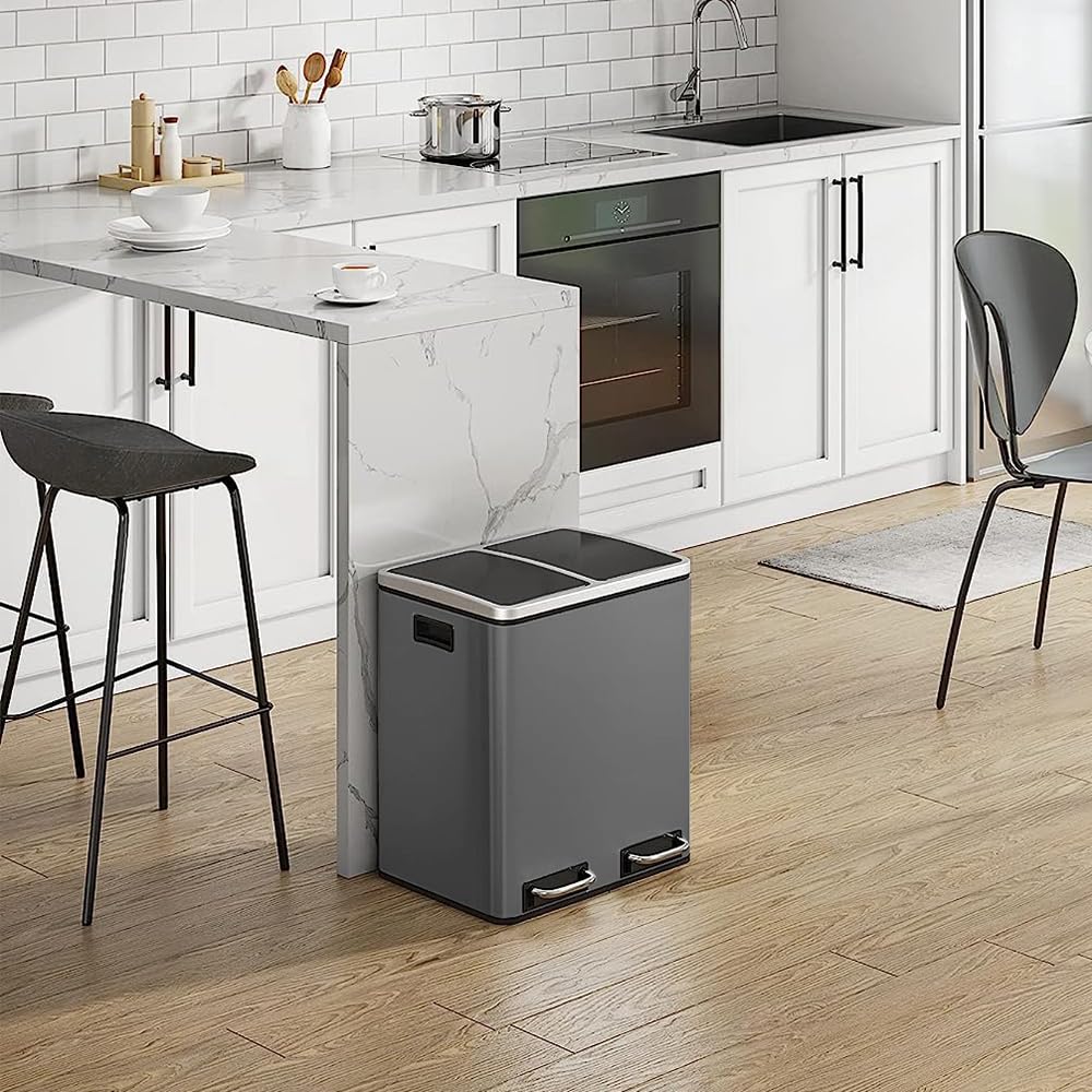 Panana Mülleimer, 2 x 15 L, 2 Fächer, Mülltrennsystem, Treteimer, Abfalleimer Küche, 15 Müllsäcke, a
