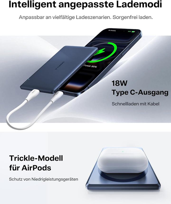 TORRAS MiniMag Ultra Slim Powerbank für Magsafe, 18W Schnellladen 5000mAh Magnetische Powerbank Klei
