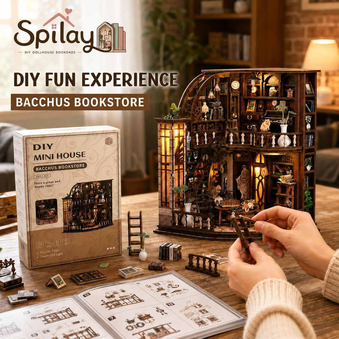 Spilay Miniatur Haus, Bacchus Bookstore 3D Holzpuzzle mit LED | DIY Miniature House Kit für Erwachse