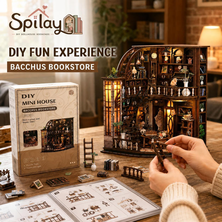 Spilay Miniatur Haus, Bacchus Bookstore 3D Holzpuzzle mit LED | DIY Miniature House Kit für Erwachse