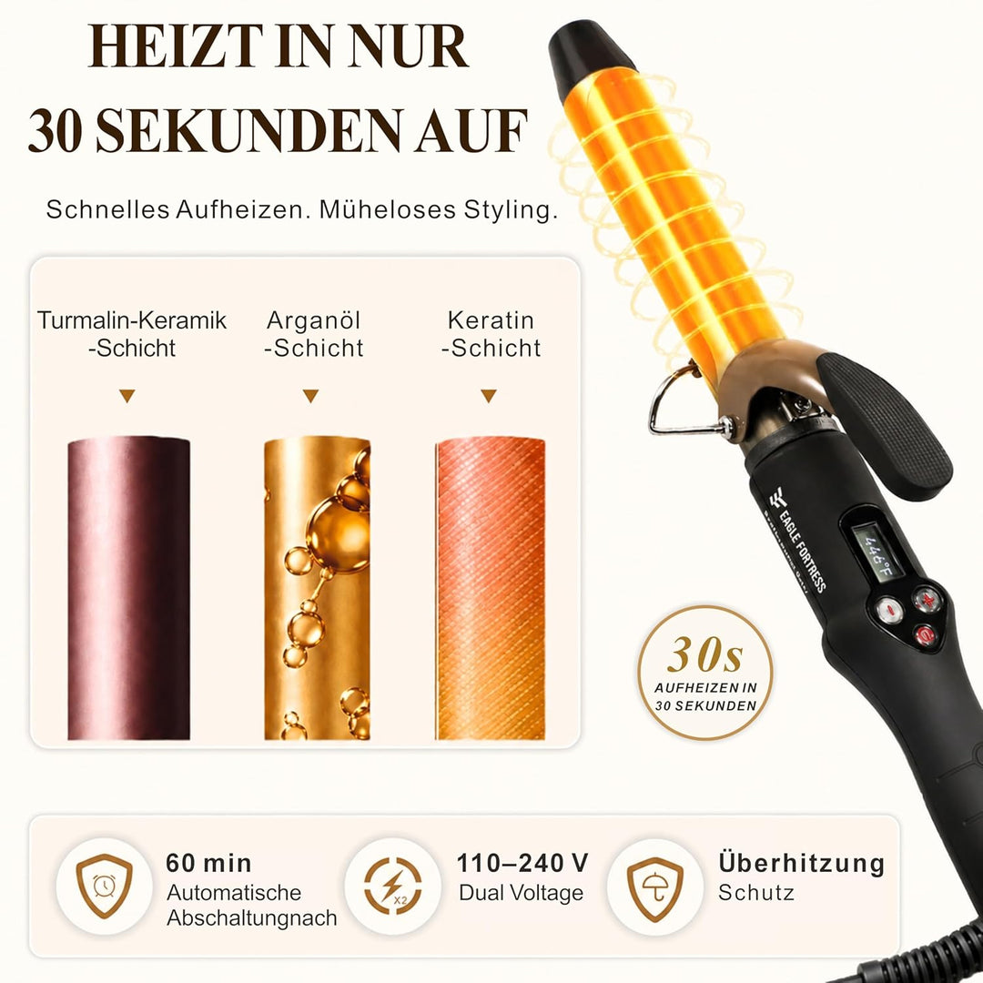 Professioneller Lockenstab mit LCD-Display, 30 Sek. Schnellaufheizung, 60°C–230°C, Keramik-Aluminium