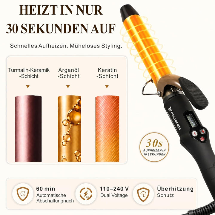 Professioneller Lockenstab mit LCD-Display, 30 Sek. Schnellaufheizung, 60°C–230°C, Keramik-Aluminium