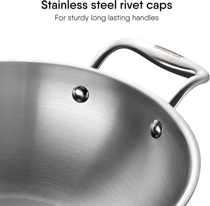 Stahl Edelstahl Triply Wok mit Deckel | Edelstahl-Kochgeschirr Triply Wok | Gas- & Induktionsboden |