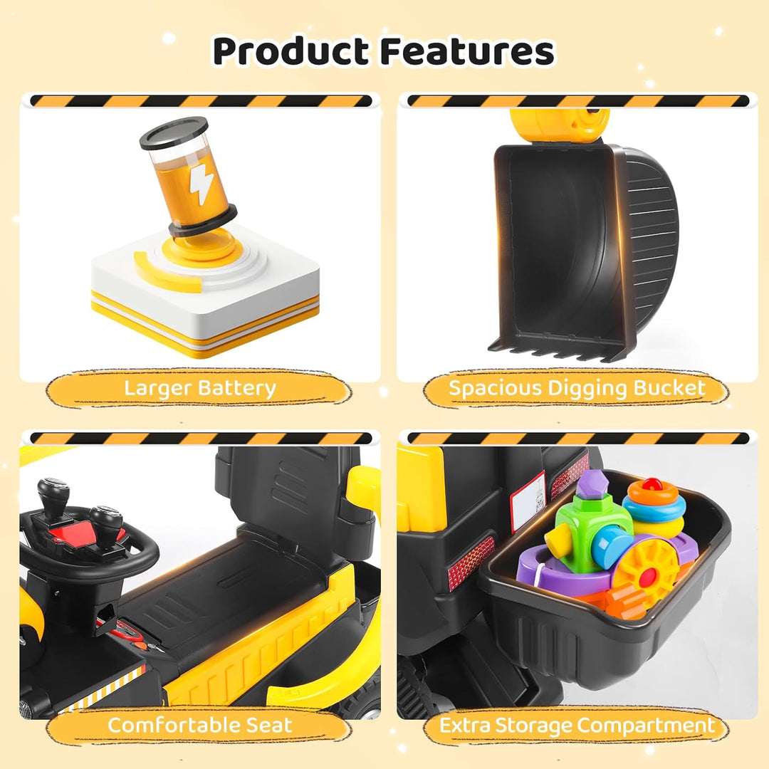 12V Kinder Sitzbagger mit 360 ° drehbarer und Verstellbarer Schaufel, Kinderbagger mit Stauraum unte