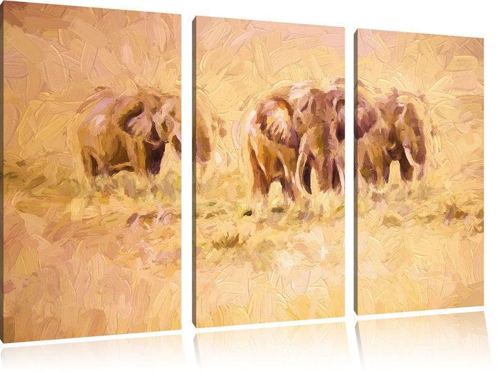 Pixxprint Elefanten in Südafrika / 3-Teilig/Gesamtmass 120cm Leinwandbild bespannt auf Holzrahmen/Wa