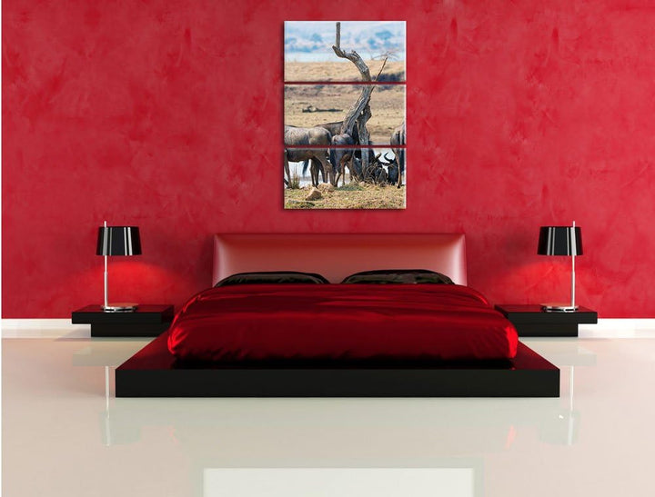 Pixxprint Kaffernbüffelherde in Savanne 3-Teiler Leinwandbild 120x80 Bild auf Leinwand, riesige Bild