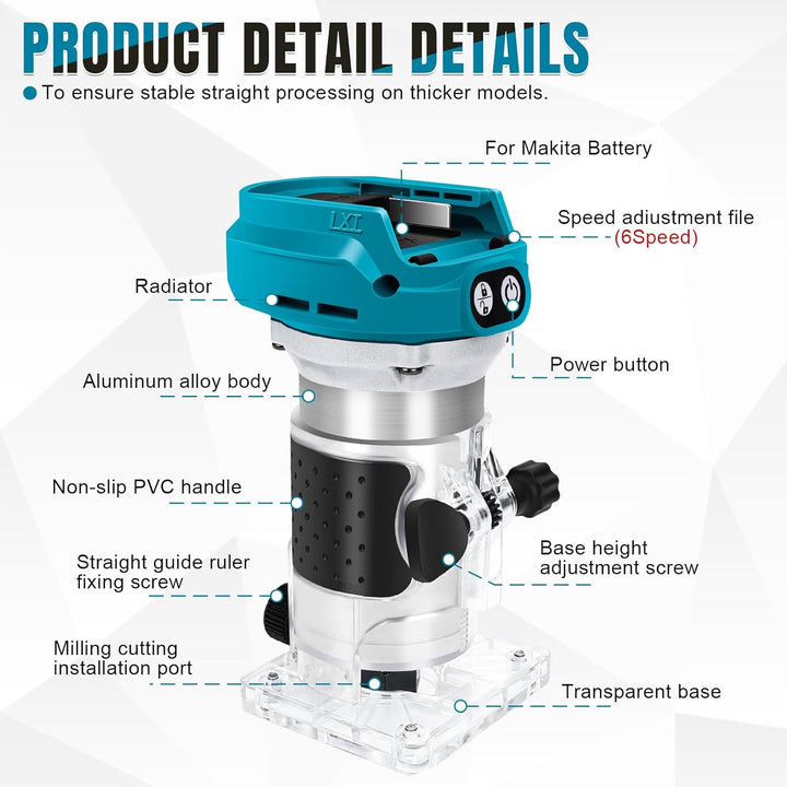 Akku Oberfräse kompatibel mit Makita 18V Batterie, 1300W Bürstenloser Kantenfräser mit 6 Geschwindig