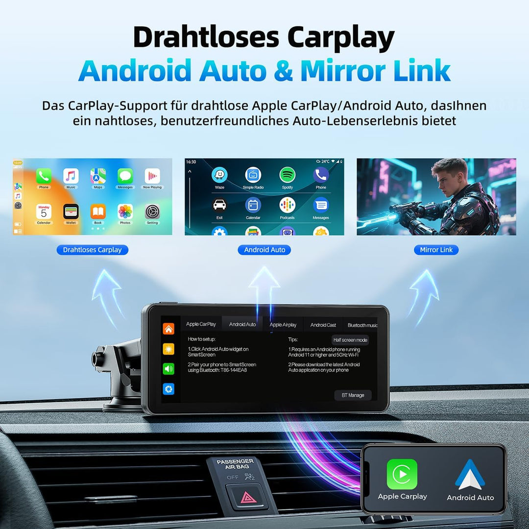LAMTTO Wireless CarPlay Android Auto Display 6,86 Zoll Touchscreen Car Play mit Mirror Link Live-Nav
