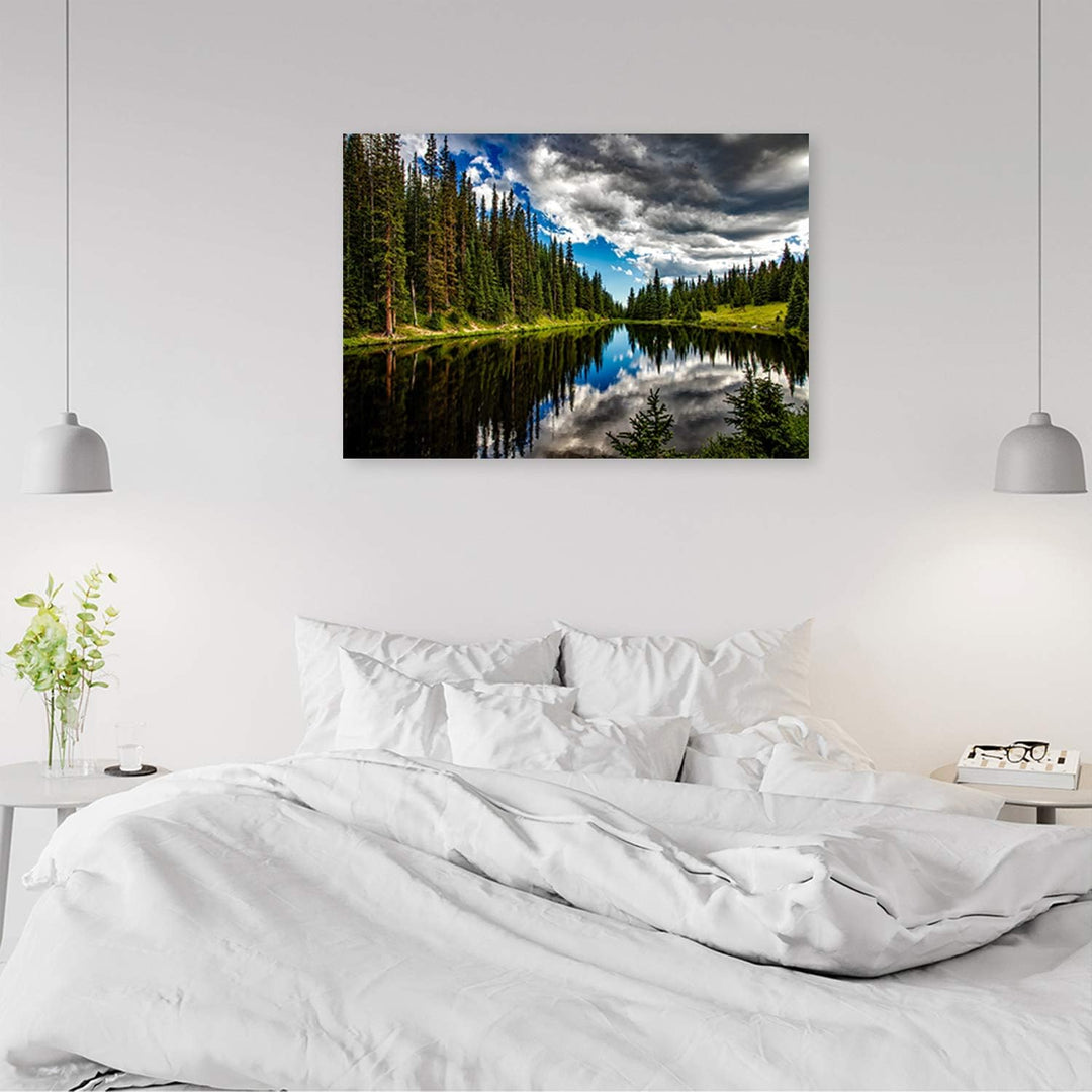 Wandbild See Modern Deko Kunst Bilder Wald Grün 90x60 cm