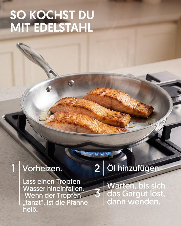 La Moustache - Topf- und Pfannenset 8-teilig, aus Edelstahl ohne Beschichtung, 3 Kochtöpfe mit Glasd