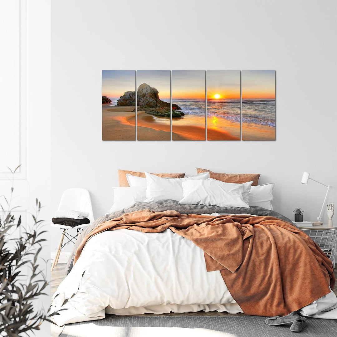 Runa Art Wandbild XXL Sonnenaufgang Strand Schlafzimmer Wohnzimmer 200 x 80 cm Orange 5 Teilig - Mad