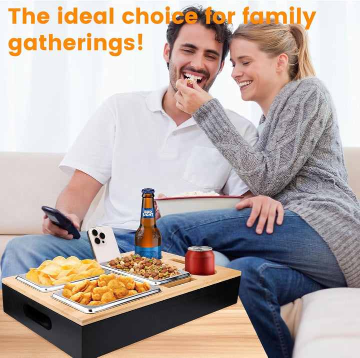 TEGOVE Couchbar Snackbox, Sofa Tablett,Mit Snackschalen Aus Edelstahl,mit Abnehmbarer Deckel, Couch