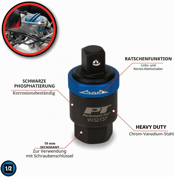 Performance Tool W32137 1/2 Zoll Ratschen-Adapter – wandelt Brechstange oder Schiebet-T-Griff in Rat