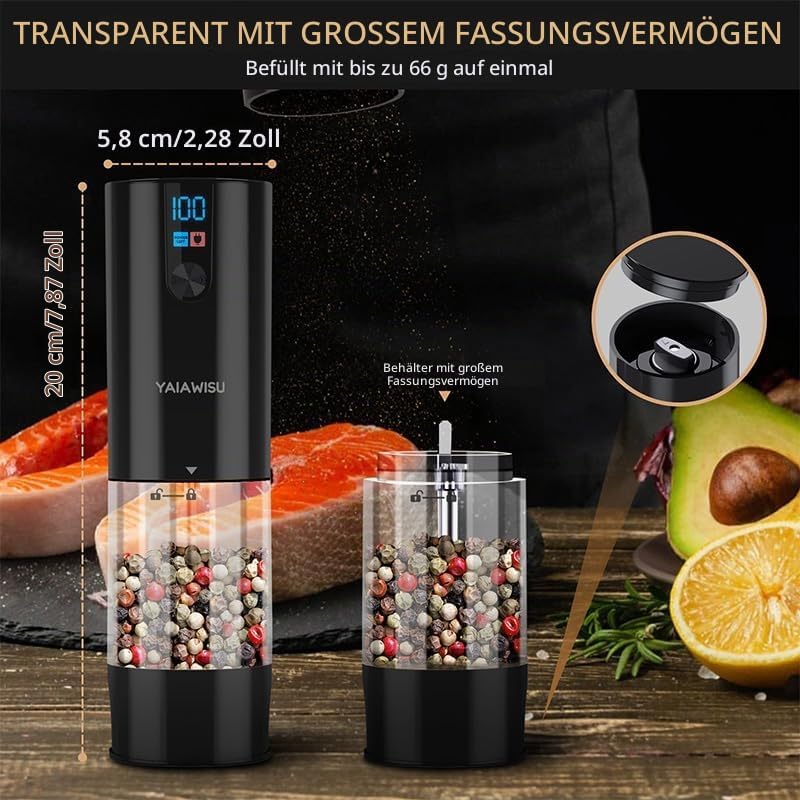 Elektrische Salz- und Pfeffermühle Set, 2 Stück, LED-Display, Einstellbare Mahlgrade, Schwarz (Schwa