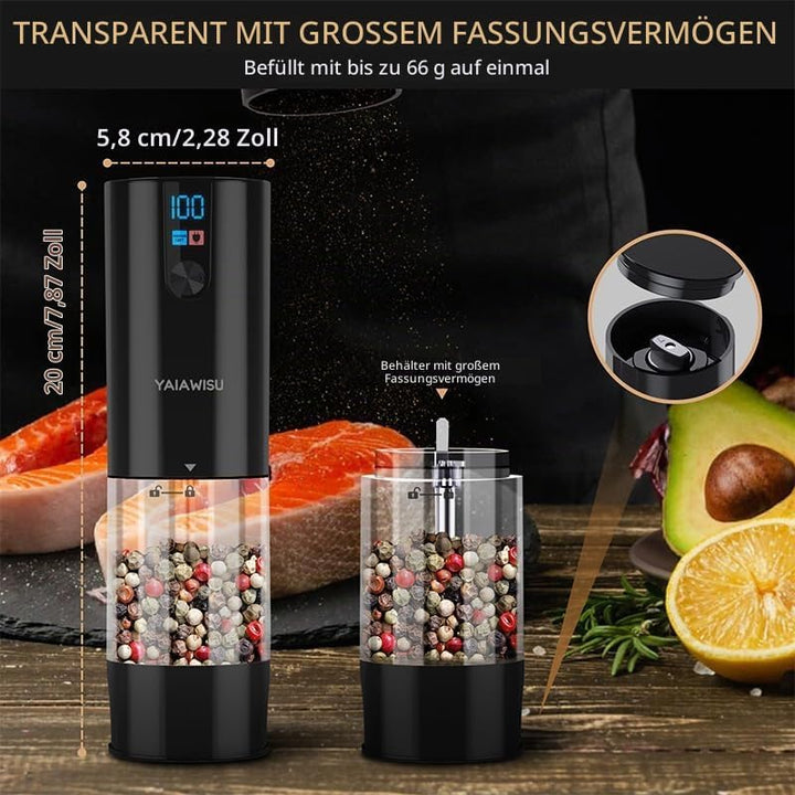Elektrische Salz- und Pfeffermühle Set, 2 Stück, LED-Display, Einstellbare Mahlgrade, Schwarz (Schwa