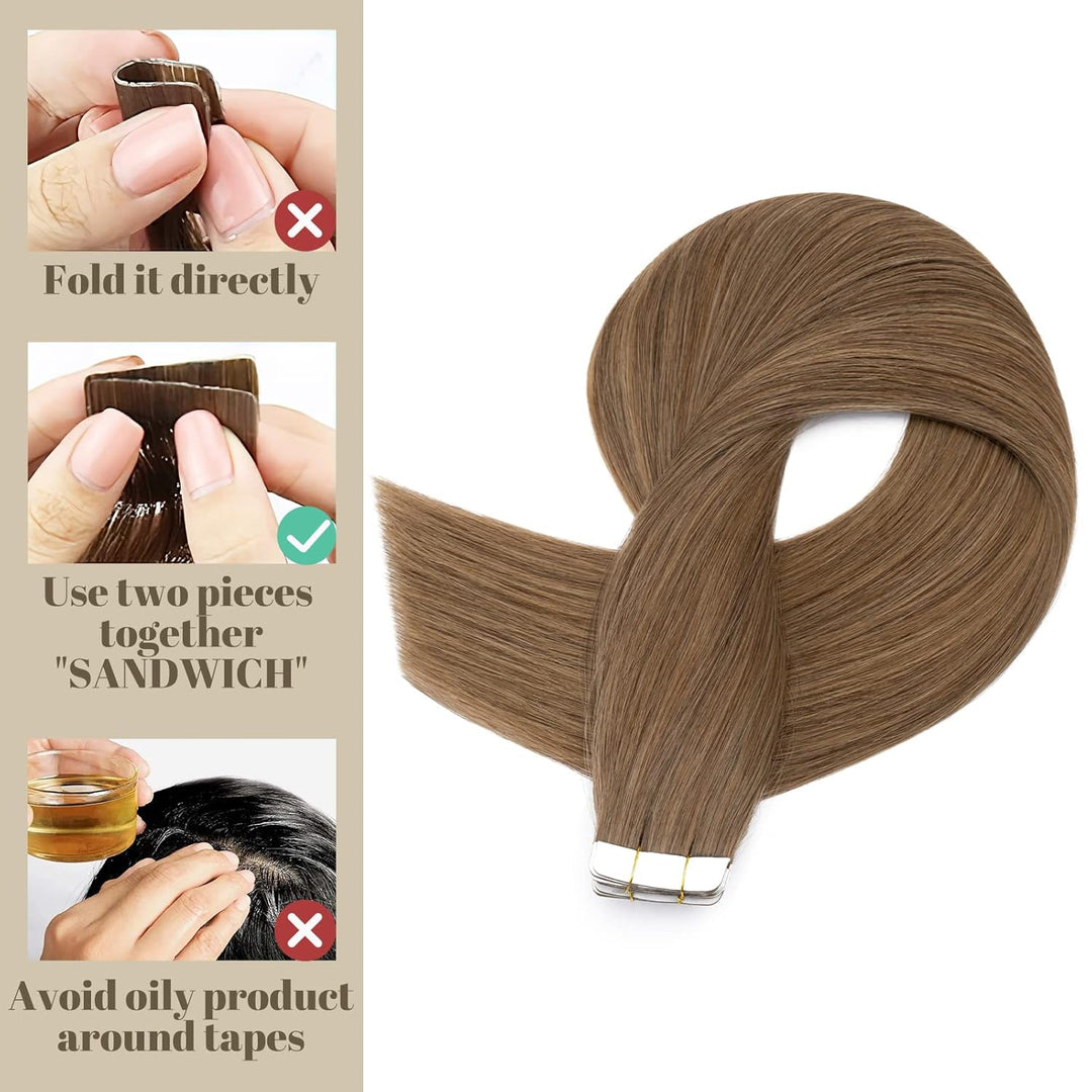 SEGO Extensions Tape Echthaar Haarverlängerung 10 Tressen Klebeband 25g Haarteile 7A Glatt 100% Remy