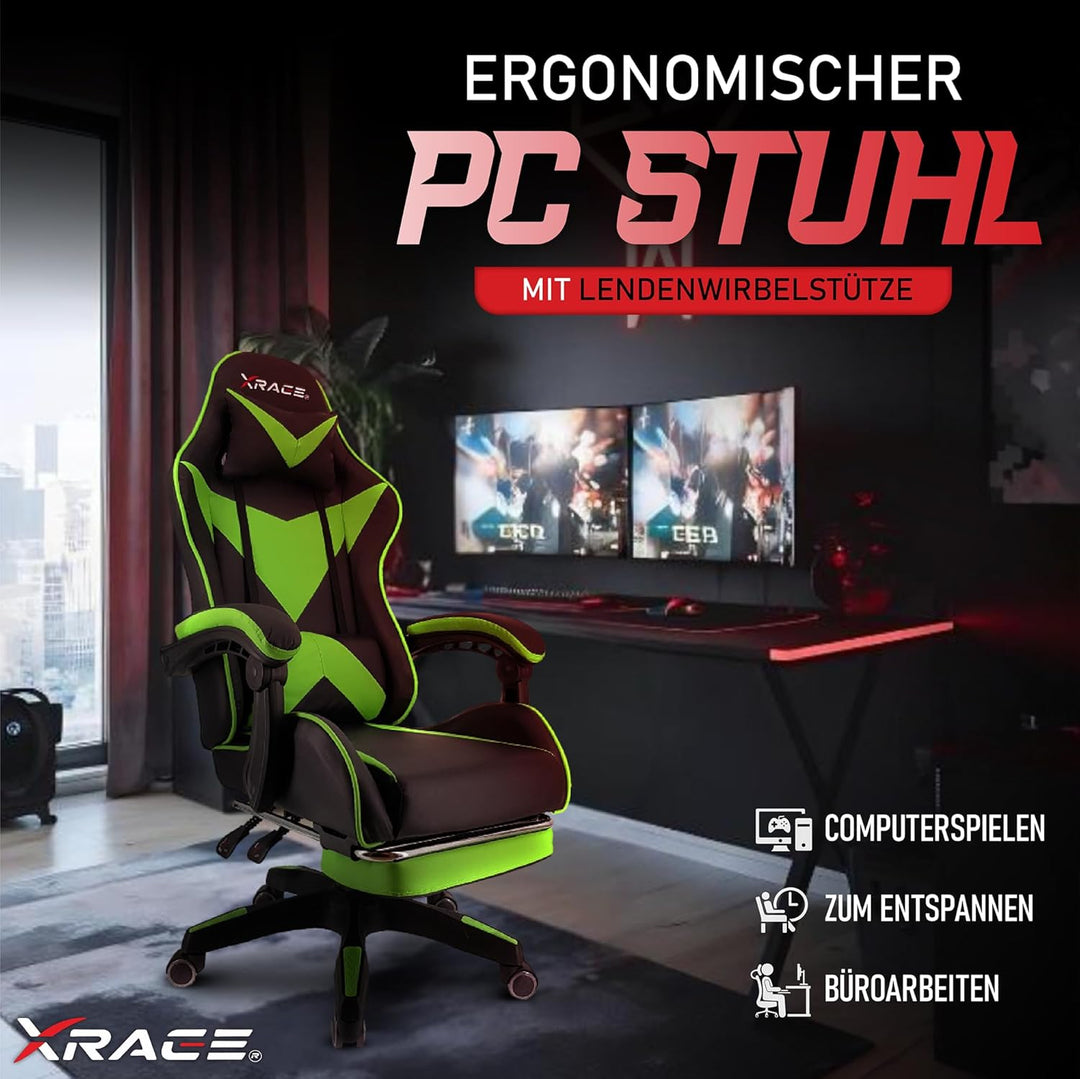 xRace Gaming-Stuhl Hoher Drehstuhl aus Leder mit Lendenwirbelstütze, Kopfstütze und Fussstütze, vers